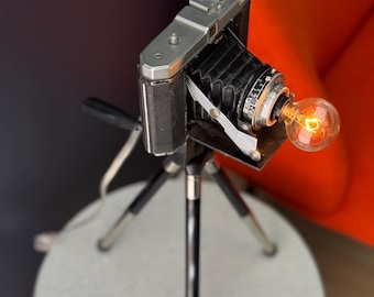 Upcycled Camera Lamp – Mid-Century Modern Style Tripod Base, Handcrafted