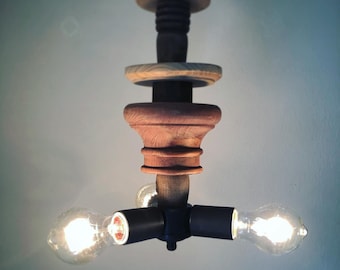 Vintage Wood and Forest Green - Plug in Pendant Swag Lamp