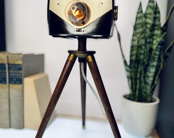 Upcycled Camera Lamp – Mid-Century Modern Tripod Base, Handcrafted