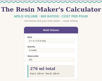 Calculadora para fabricantes de resina: volumen del molde, proporciones de mezcla, coste por vertido (descarga digital).