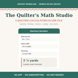 Puede incluir: Un archivo digital titulado The Quilter's Math Studio que incluye 5 calculadoras de acolchado para respaldos, bordes, cortes y tablas de tallas. La interfaz muestra una calculadora de respaldo con campos de entrada para el tamaño.