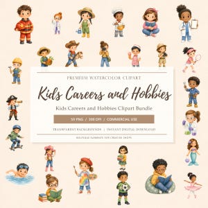 Pode incluir: Uma coleção digital de ilustrações em aquarela apresentando diversas crianças em trajes de profissões e hobbies, incluindo bombeiro, médico, chef e atleta. O texto central diz Premium Watercolor Clipart Kids Careers and Hobbies.