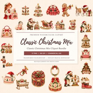 May include: A digital collection of watercolor Christmas clipart featuring a girl, Santa, elves, a gingerbread man, a puppy, a carousel, a sleigh, a house, a teddy bear, a nutcracker, a teapot, a bench, a gift box, and a bell with text.