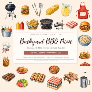May include: A digital collection of watercolour illustrations featuring backyard BBQ and picnic items, including a grill, burgers, hot dogs, corn, drinks, condiments, a red apron, and picnic blankets, with text reading PREMIUM WATERCOLOR CLIPART Backyard BBQ Picnic.
