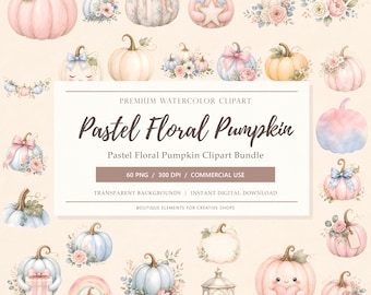 Calabaza en tonos pastel, imágenes prediseñadas en acuarela 4K, decoración para guardería, PNG, elementos de diseño floral, decoración para guardería, fondo transparente, descarga instantánea.