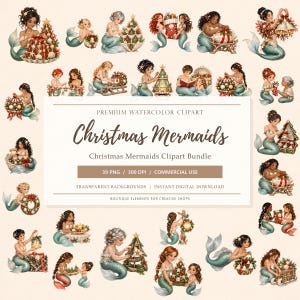 Könnte beinhalten: Eine digitale Sammlung von Aquarellillustrationen mit Meerjungfrauen verschiedener Haarfarben und Hauttöne, die mit Weihnachtsbäumen, Kränzen, Strümpfen und Ornamenten interagieren, beschriftet mit Premium Watercolor Clipart Christmas Mermaids.