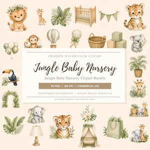 Puede incluir: Una colección digital de ilustraciones en acuarela que presenta animales de la selva, muebles de guardería y artículos de decoración. El texto central dice Premium Watercolor Clipart Jungle Baby Nursery Jungle Baby Nursery Clipart Bundle.