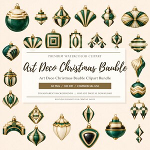 60 Art-Deco-Weihnachtskugel-PNGs, smaragdgrüne und goldene Aquarell-Cliparts, digitaler Download