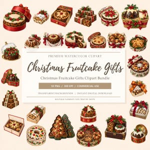 Könnte beinhalten: Eine digitale Sammlung von Aquarellillustrationen mit verschiedenen Weihnachtsobstkuchen, Puddings und Geschenkboxen, verziert mit Stechpalmen, roten Schleifen und festlichen Mustern, zentriert um den Text Christmas Fruitcake Gifts.