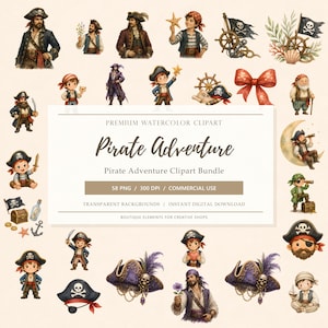 Könnte beinhalten: Eine digitale Sammlung von Aquarell-Illustrationen zum Thema Piraten mit verschiedenen Charakteren, Hüten, Steuerrädern, Ankern, Schatztruhen und Totenkopfflaggen. Der zentrale Text lautet: PREMIUM WATERCOLOR CLIPART Pirate Adventure.