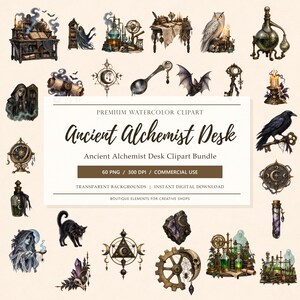 Może przedstawiać: Cyfrowa kolekcja akwarelowych grafik przedstawiających starożytne biurko alchemika, zawierająca ilustracje mikstur, sowy, kruka, czarnego kota, kryształów, kół zębatych, kluczy i mistycznych symboli z napisem Ancient Alchemist Desk.