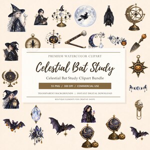 以下が含まれることがあります： Celestial Bat Studyと題された水彩画イラストのデジタルコレクション。魔女、コウモリ、月、カボチャ、天体観測機器が描かれています。クリエイティブな用途向けの透明な背景を持つ55個のPNGファイルが含まれています。
