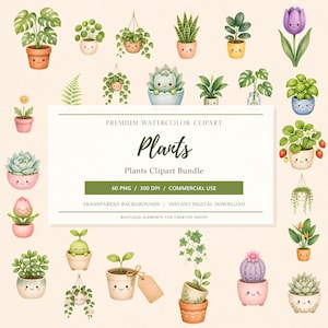 60 Plants 4K Watercolor Clipart, Botanical Decor, PNG, Botanical Plant Elements, Tropical Leaves, Transparent Background, Instant Download