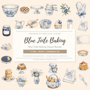 May include: A digital collection of watercolour illustrations featuring blue toile baking elements, including a mixing bowl, pie, cake stand, measuring cups, oven mitt, rolling pin, bundt pan, cupcake, jar, towel, mixer, and basket with text Blue Toile Baking.