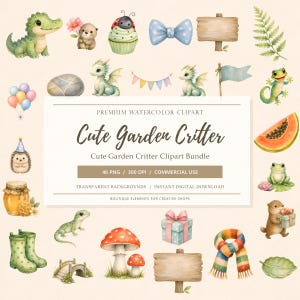 Peut inclure: Une collection numérique d'illustrations à l'aquarelle comprenant un crocodile, une loutre, un cupcake coccinelle, un nœud bleu, un panneau en bois, une fougère, des ballons, une pierre, des dragons, des fanions, un drapeau, un lézard, un hérisson, un pot de miel, une papaye, une grenouille, un cadeau, un pont, des champignons, des bottes et une écharpe.