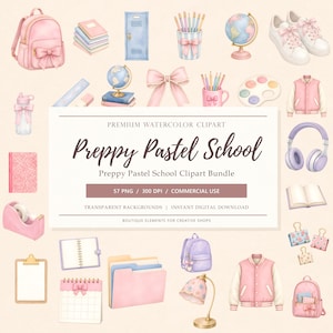 57 Preppy School 4K Watercolor Clipart, School Supplies, PNG, Classroom Supply Elements, Pastel Calculator Blank, Instant Download