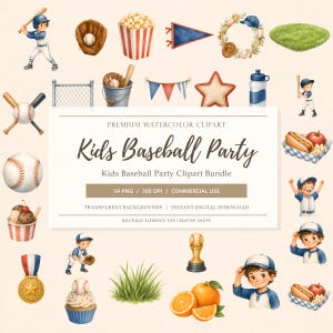 Può includere: Una collezione digitale di illustrazioni ad acquerello a tema baseball con bambini in divisa, palle da baseball, guanti, mazze, popcorn, hot dog, cupcake, trofei, medaglie ed erba, con il testo Kids Baseball Party Clipart Bundle.