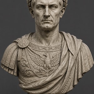 May include: A stone-colored bust of a man wearing a laurel wreath on his head. The figure is dressed in ornate Roman-style armor featuring a central eagle emblem and a draped cloak secured with a circular brooch, all set upon a rectangular base.