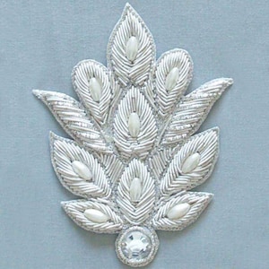 Large, Hand-Embroidered Applique. Beaded, Bridal Silver