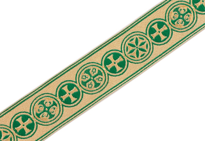 Medieval Crosses in Circle Church Vestment Trim 1.5 Wide Green on Gold 5 Yards