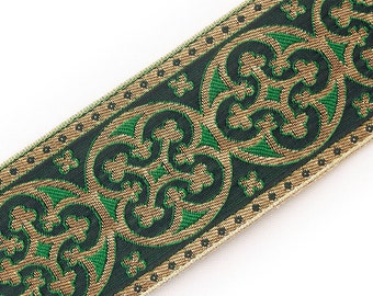 2.25" Vestment Jacquard Trim. Pugin Ecclesiastical. Gold on Green Gothic Trefoil