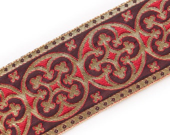 2.25" Wide Vestment Jacquard Trim. Pugin Antique Reproduction. Gold on Red 3 Yds