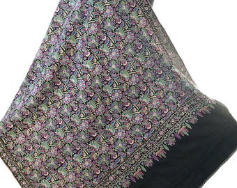 Masterpiece Hand Embroidered Sozni Wool Kashmir Shawl Peacock Colors 79"x36" Unique One of a Kind Never-to-be-Duplicated Heirloom