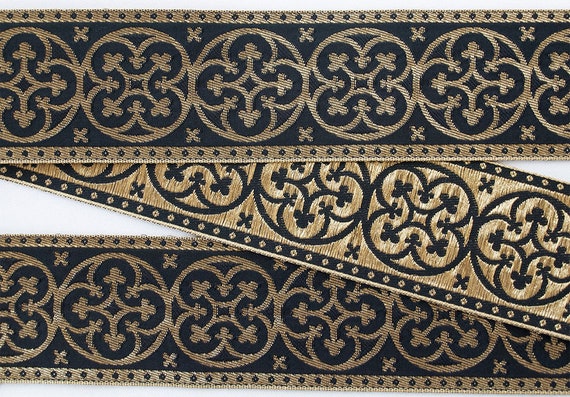 Pugin Antique Reproduction Jacquard Trim Vestment 2¼/" Wide DIY Black /& Silver
