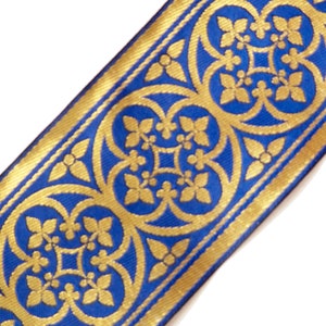 Historic 3.75&quot; Wide Cross with Leaves Gold on Blue Church Vestment Trim 3 Yards
