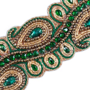 1.5 Yards Emerald Green Beaded Trim Delicate Paisley Gold Bullion Sequins 2&quot; Wide
