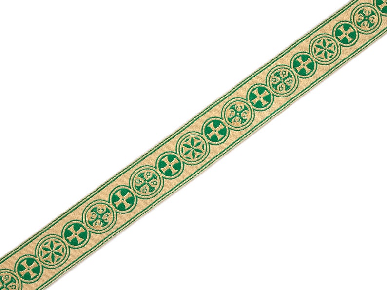 Medieval Crosses in Circle Church Vestment Trim 1.5 Wide Green on Gold 5 Yards