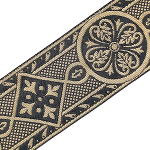 2 3/8&quot; Wide Jacquard Trim Medieval Style Black & Gold Church Vestment 3 Yards