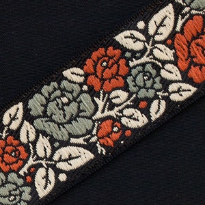Historic Arts & Crafts Style Wide Jacquard Trim Autumn Flowers  Vines On Black 3 yards 1.25 &quot; wide