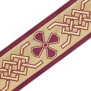 Jacquard Trim Celtic Cross Vestment Sewing Burgundy on Gold 3&quot; wide, 3 Yards