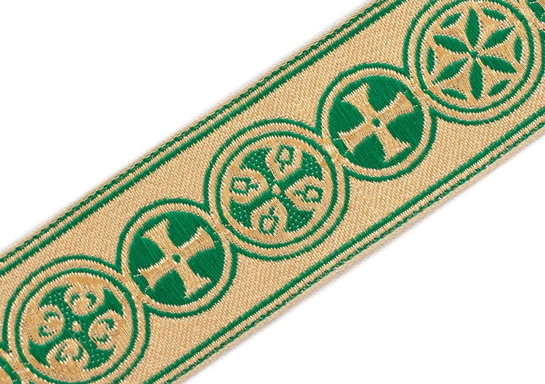Medieval Crosses in Circle Church Vestment Trim 1.5 Wide Green on Gold 5 Yards