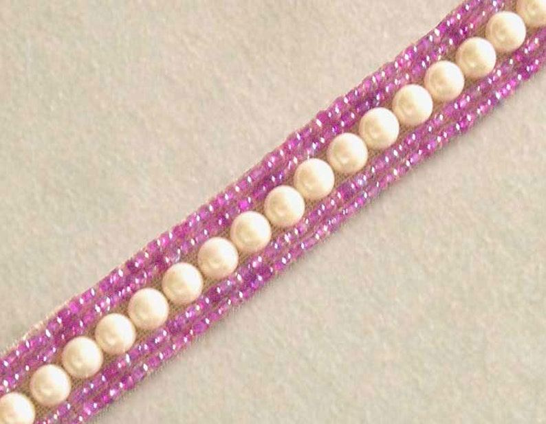 Beaded Trim. Red-Purple Beads & Faux Pearls. 3 Yards image 2