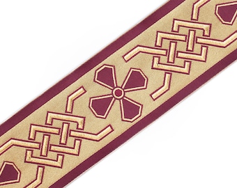 Wide Jacquard Trim Celtic Cross Vestment Sewing Burgundy on Gold, 3 Yards