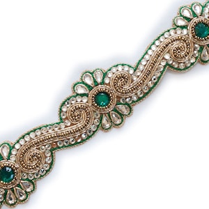 1.5 Yards Beaded Trim Delicate Green Flowers Gold Bullion & Beads White 1&quot; Wide