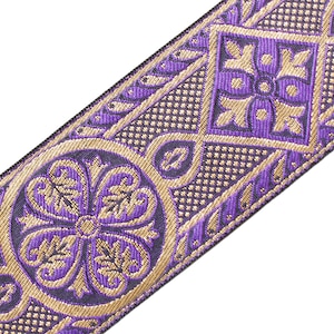 2 3/8&quot; Wide Jacquard Trim Medieval Style Purple & Gold Church Vestment 3 Yards