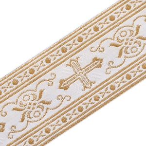 3 Yardas Vestimenta Religiosa Ribete Oro Blanco Metálico Jacquard Cristiano 2 3/8&quot; Ancho