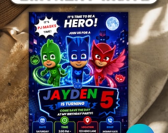 PJ Masks Birthday Invitation, Editable PJ Masks Party Invite, Superhero Birthday Invitation, Kids Party Template