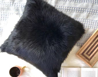 Black fur pillow throw suede cover 20 X 20 fluffy black fur black suede pillow cover decorative ONE