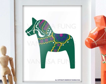 Scandinavian Folk Art Green Dala Horse art print retro Scandinavian Style Norwegian Design Nursery Room poster wall Art