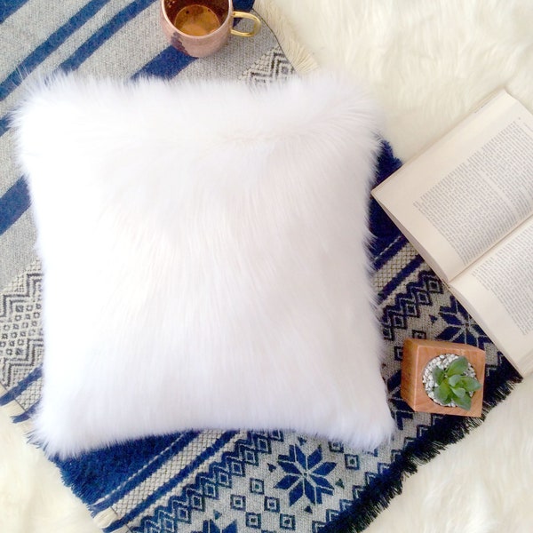 White fur pillow throw suede cover12 X 12 fluffy white fur white suede pillow cover decorative ONE
