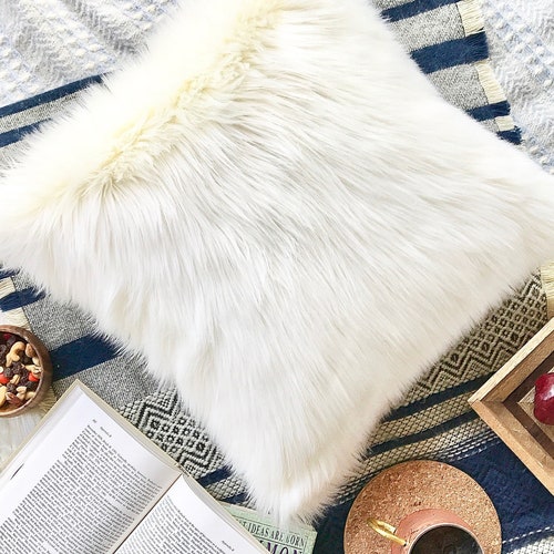 White Fur Pillow Suede Cover 20 X 20 Decorative White Fur Etsy