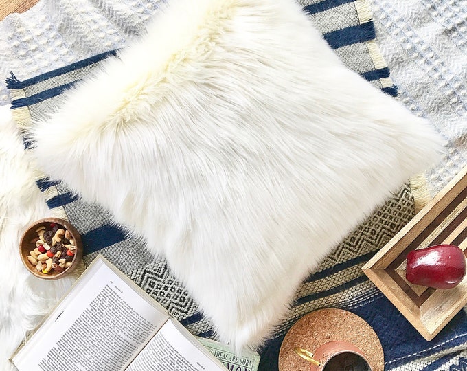 White Fur Pillow Suede Cover 20 X 20 Decorative White Fur Etsy