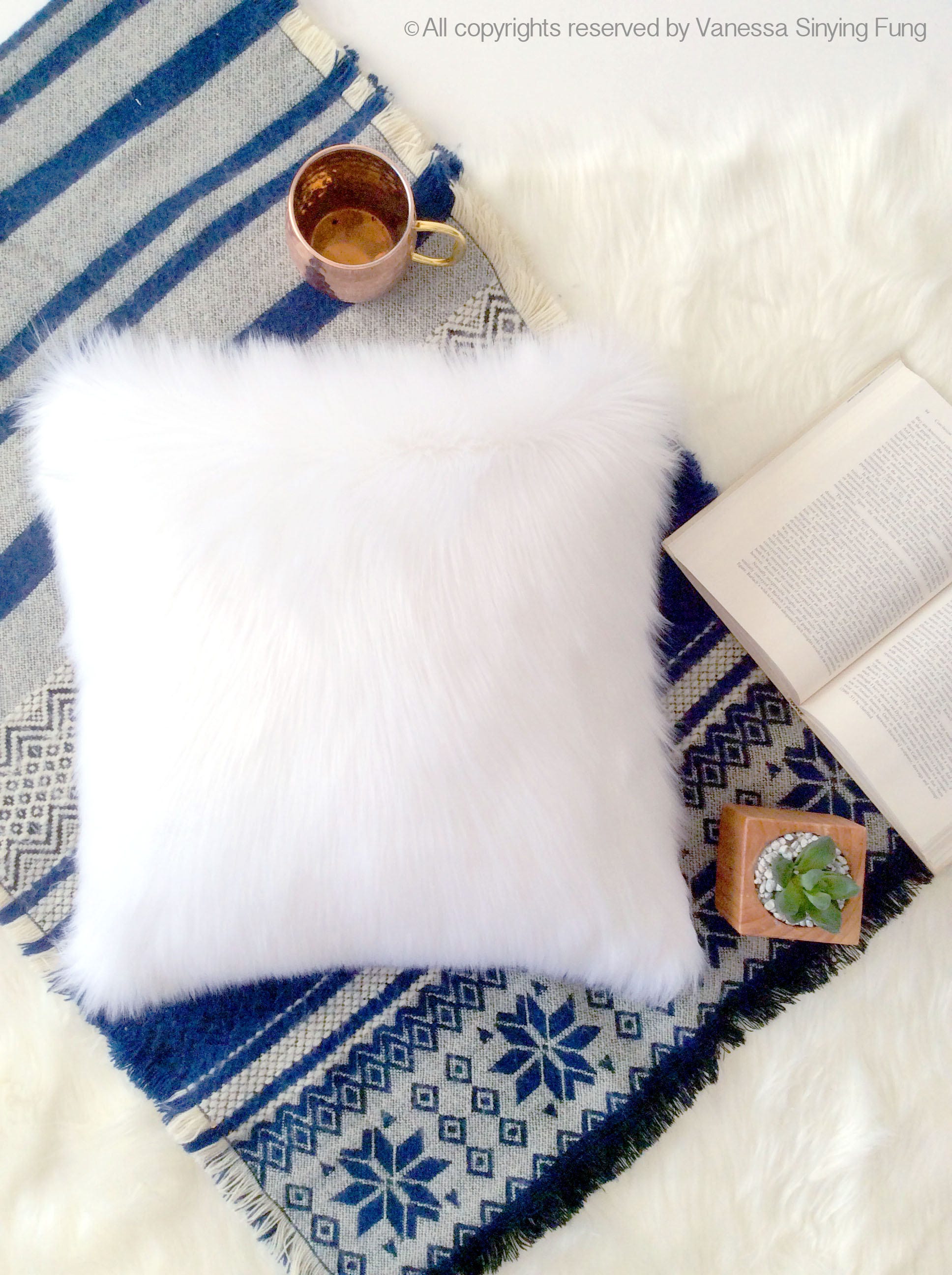Scandinavian Modern White Fur pillow cover 16 X 16 fluffy