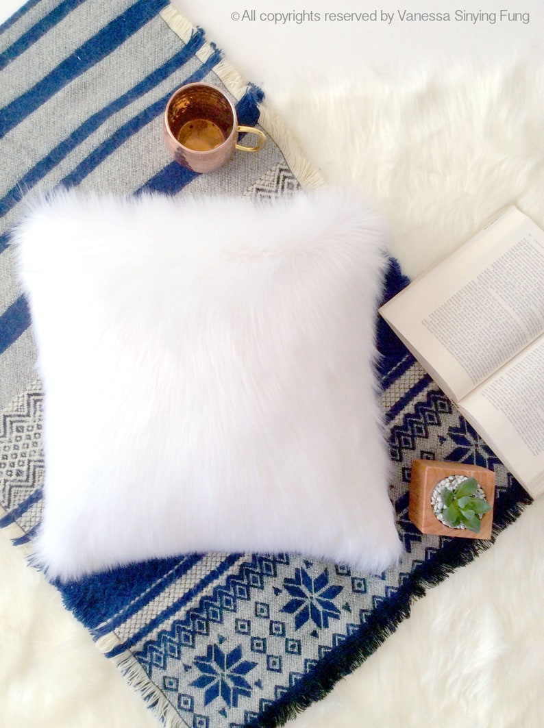 Fluffy White Fur Pillow Throw Pillow Cover Mid Century White Etsy