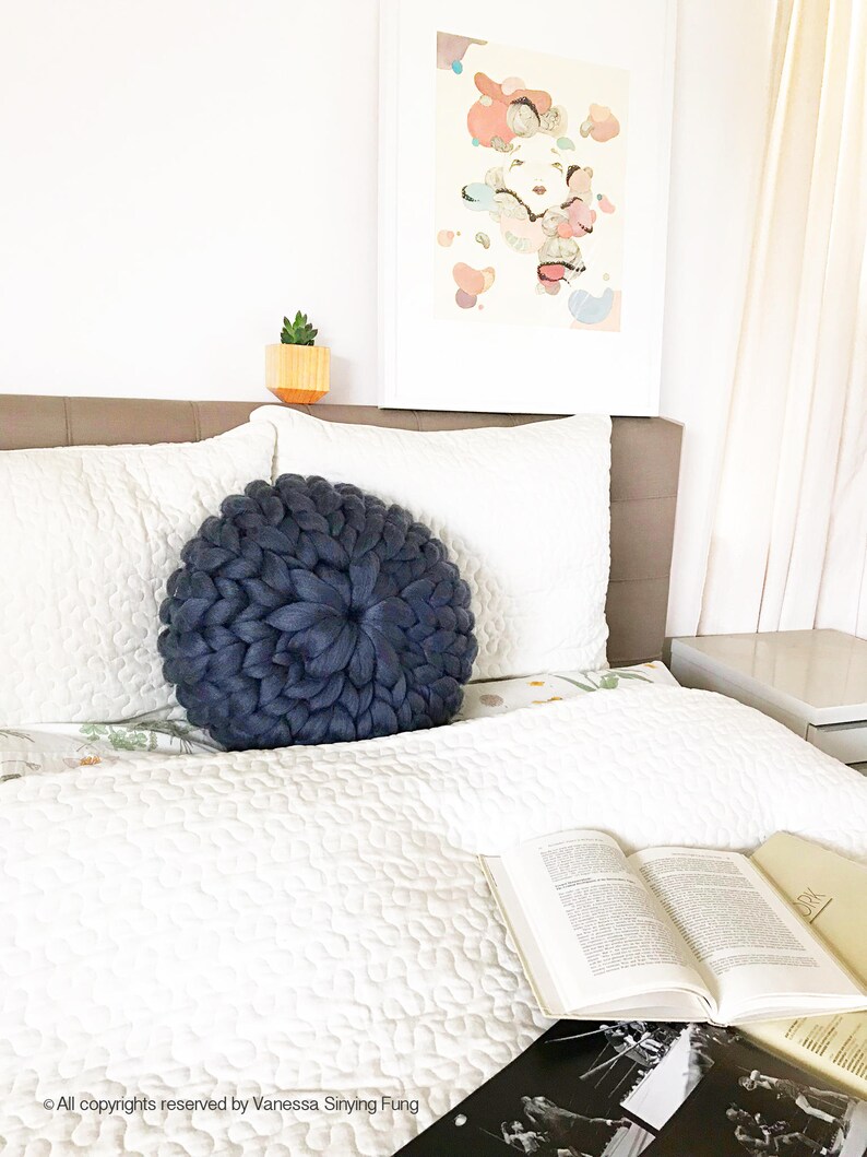 Charcoal Round Chunky Knit Pillow Wool Knit Pillow Merino Etsy