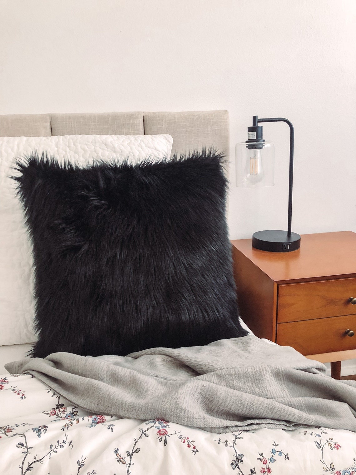 Black Fur Pillow Throw Suede Cover 28 X 28 Fluffy Black Fur Etsy